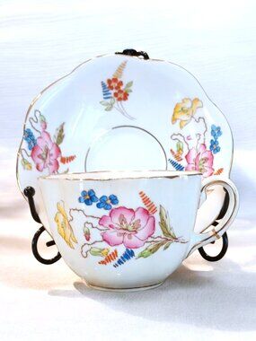 Vintage Taylor & Kent Teacup & Saucer Fine Bone China Wild Roses Violets England